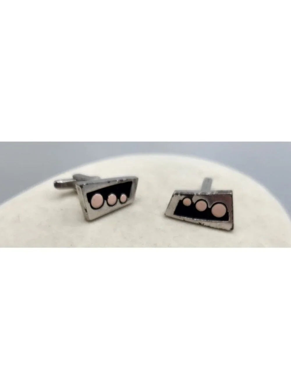 Vintage Retro Metal Cuff Links Black With Pink Polka Dots - Silver Tone